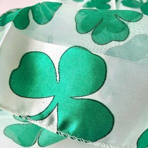 Green Satin Irish Celtic Shamrock Scarf White St. Patricks Day Chiffon 57" X 8"